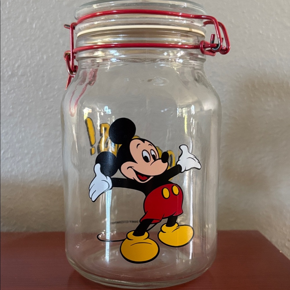 Disney Mickey Mouse Glass Jar with Red and Yellow Accents